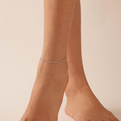 Dainty Ankle Bracelets for Women 18K Gold Plated Waterproof | Satellite Beaded Herringbone Lip Chain Anklets Simple Minimalist Summer Beach Foot Jewelry, Gift Box Included - color: Satellite-White Gold