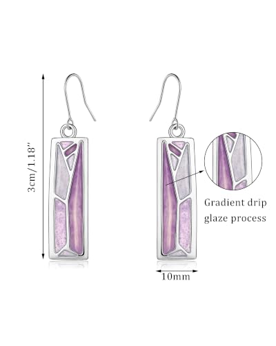 Silver Dangle Earrings for Women Shaped Rectangle Wide Bar Enamel Earrings Colorful Geometric Drop for Daily - color: Purple