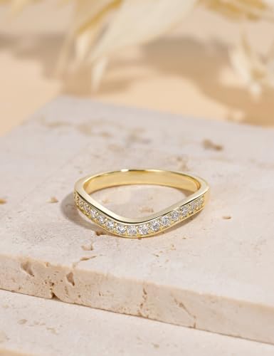 EAMTI 925 Sterling Silver Wedding Bands for Women Cubic Zirconia Wave Stackable CZ Curved Eternity Engagement Promise Gold Rings Size 4-10 - color: Brass-Gold