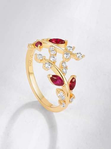 Silver Leaf Ring for Women 925 Sterling Silver Yellow Gold Plated CZ Inlaid Marquise Sapphire/Ruby/Emerald Cocktail Rings Size 6 to 10 - color: Ruby - Gold
