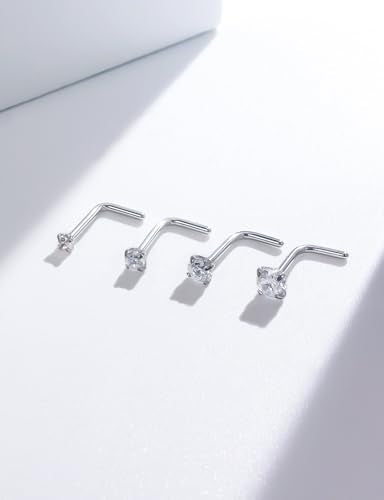 18G 20G 14K Gold Filled Nose Rings Studs Piercing Jewelry For Women Men 316L Surgical Steel Round Square Cubic Zirconia Nose Rings Studs Nostrial Piercing Jewelry CZ 1.5mm 2mm 2.5mm 3mm - color: Silver, size: 18 Gauge-L Shaped-Round CZ
