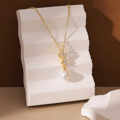 Pearl Necklaces for Women, Dainty Pearl Drop Necklace 14K Gold Plated CZ Pearls Pendant Necklace Small Gold Choker Necklaces for Women Trendy Wedding Jewelry Bridesmaids Gifts - color: Gold Plated-Leaf Pearl