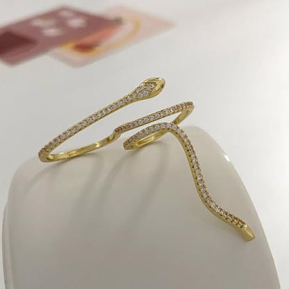 Dainty Crystal Snake Open Ring for Women CZ Snake Ring Gold/Silver Cubic Zirconia Adjustable Copper Ring for Her Lover Animal Snake Index Finger Ring - color: gold