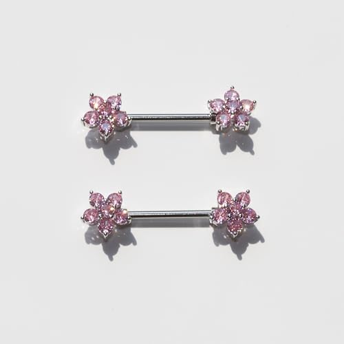 BSJ4U Nipple Piercing Jewelry 14G Stainless Steel Nipple Rings for Women Heart Butterfly Flower Bow Nipple Barbells - color: Pink CZ Nipple Piercing Jewelry