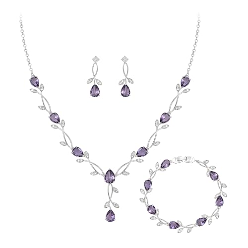 Crysdue Wedding Jewelry Set for Brides Bridesmaid, Cubic Zirconia Teardrop Marquise Leaf Cluster Pendant Necklace Bridal Tennis Bracelet Drop Earrings for Women Party Prom - style: A- CZ set-purple, silver