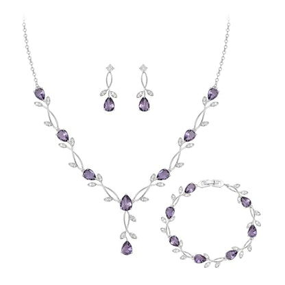 Crysdue Wedding Jewelry Set for Brides Bridesmaid, Cubic Zirconia Teardrop Marquise Leaf Cluster Pendant Necklace Bridal Tennis Bracelet Drop Earrings for Women Party Prom - style: A- CZ set-purple, silver