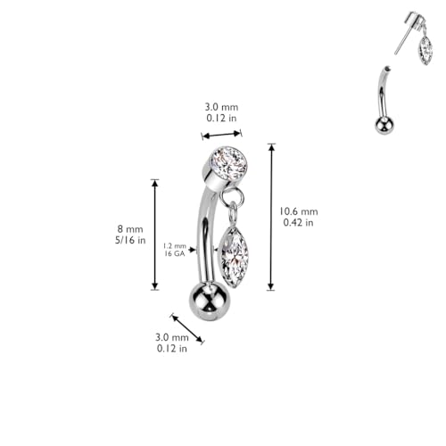 Pierced Owl 16GA ASTM F-136 Implant Grade Titanium Threadless Push-In Dangling CZ Crystal Marquise Eyebrow Curved Barbell - style: Gold Tone