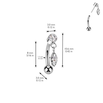 Pierced Owl 16GA ASTM F-136 Implant Grade Titanium Threadless Push-In Dangling CZ Crystal Marquise Eyebrow Curved Barbell - style: Gold Tone
