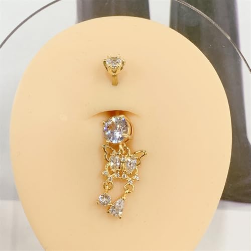 Butterfly Tassel Belly Button Ring 14G Stainless Steel | CZ Crystal Dangle Navel Barbell, Body Piercing Jewelry for Women