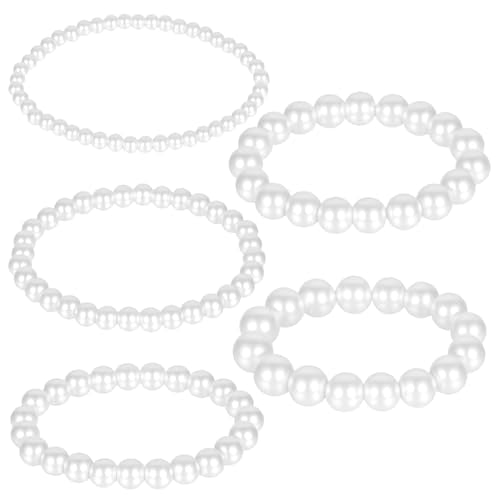 Grevosea 5 Pcs White Faux Pearl Stretch Bracelets for Women, Stackable Elastic Bridesmaid Wedding Jewelry Stackable Faux Pearl Bracelets for Women Wedding Jewelry Lady