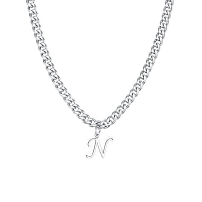 Stainless Steel Initial A-Z Necklace for Men Women,Cuban Chain,Titanium Steel Initial Letter Pendant Charm Necklaces Accessories Jewelry for Woman Man,21 Inch Chain - color: N