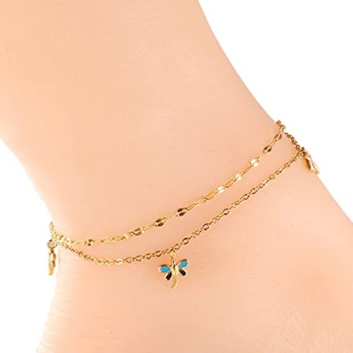 Anklet Bracelets for Women Stainless Steel, Gold Anklets Bracelet for Womens Double Layer Chain with Flower/Ladybug/Dragonfly Anklet for Summer Beach - color: Dragonfly