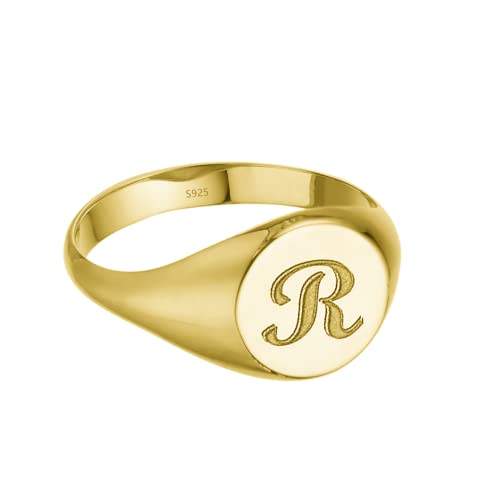 925 Sterling Silver Custom Initial Signet Ring Personalized Round Engraved Pinky Rings - color: Gold