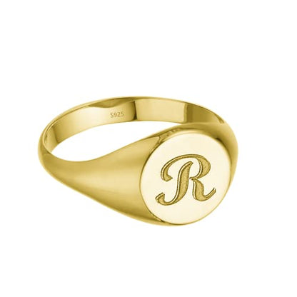 925 Sterling Silver Custom Initial Signet Ring Personalized Round Engraved Pinky Rings - color: Gold