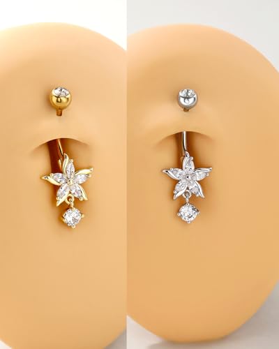 Flower Belly Button Ring 14G Dangle Navel Rings Stainless Steel Belly Button Piercing Jewelry - color: YG-10MM