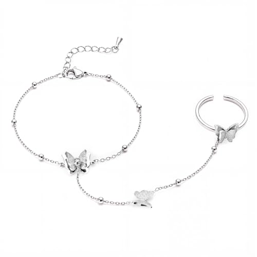 Emibele Gold Bracelets for Women, 18K Gold Plated Hand Chain, Cubic Zirconia Stainless Steel Non Tarnish Hand Chain Bracelet with Finger Ring, Adjustable Trendy Jewelry Valentines Day Gifts for Women - style: Silver Butterfly