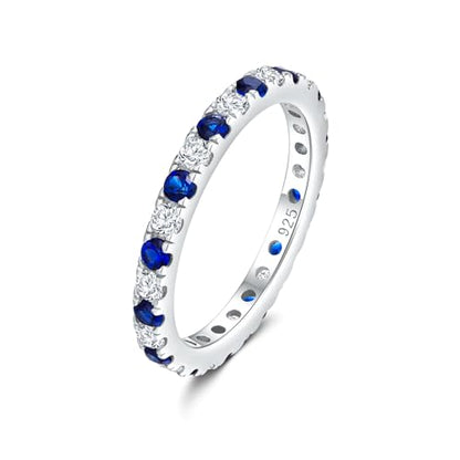 DAYBYDAY Sapphire/Emerald/Ruby Full Eternity Band Rings for Women, 2.4mm Thin Birthstone Stackable Rings, 925 Sterling Silver/14K Gold Plated Gemstone Wedding Band Anniversary Ring Size 6 to 10 - color: 09. Blue Sapphire & Cz, September