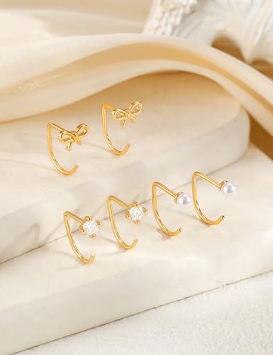 Freekiss 3 Pairs Backless Half Hoop Earrings Set for Women | 14K Gold Plated CZ Stay Close Hoop Earrings, Hypoallergenic Huggie Stackable Earring for Everyday & Sleep Wear Jewelry Gift - color: Pearl Bow CZ-GD