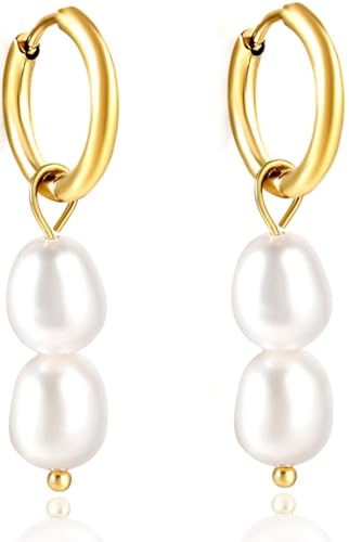 Pearl Earrings VeroSteel Dangle Earrings for Women, Dainty 14k Gold Huggie Hoop Earrings with Pearls, Trendy Pearl Drop Earrings, Stainless Steel Hypoallergenic Stud Earrings For Sensitive Ears - style: Double Pearl