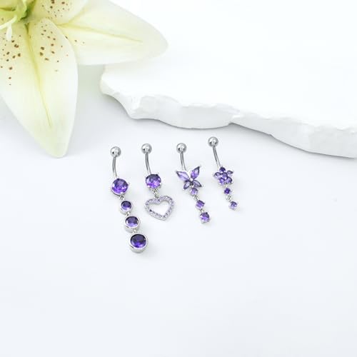LEE&RO Belly Button Ring Dangle Stainless Steel Belly Rings 14G Belly Button Piercing Cute Navel Ring Belly Piercing Jewelry - style: 8Pcs-Purple