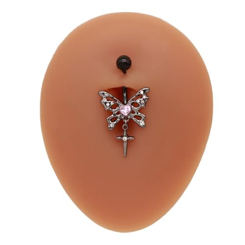 14G Black Butterfly Cross Dangle Belly Button Rings for Women 316L Surgical Steel Belly Curved Barbell Pink CZ Crystal Belly Navel Rings Navel Piercing Jewelry
