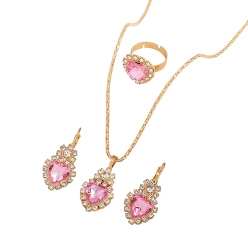 Teardrop/Heart Crystal Jewelry Set for Women, Gold Tone Rhinestone Necklace Earrings Ring Set, Wedding Bridal Prom Party Jewelry Gift - color: Pink (Heart)