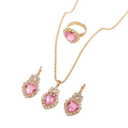 Teardrop/Heart Crystal Jewelry Set for Women, Gold Tone Rhinestone Necklace Earrings Ring Set, Wedding Bridal Prom Party Jewelry Gift - color: Pink (Heart)