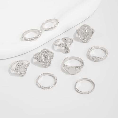 Chunky Gold Rings for Women Rhinestone Stackable Knuckle Ring Set Open Adjustable Statement Ring Set Dainty Crown Cross Midi Rings Fashion Jewelry Gift for Women - color: Silver3