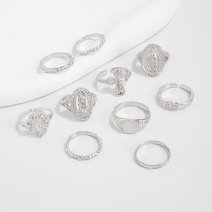 Chunky Gold Rings for Women Rhinestone Stackable Knuckle Ring Set Open Adjustable Statement Ring Set Dainty Crown Cross Midi Rings Fashion Jewelry Gift for Women - color: Silver3