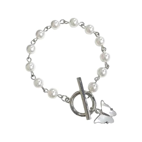 Pearl Beaded Bracelet with White Butterfly Charm, Toggle Clasp, Silver Tone