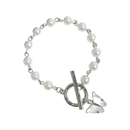 Pearl Beaded Bracelet with White Butterfly Charm, Toggle Clasp, Silver Tone