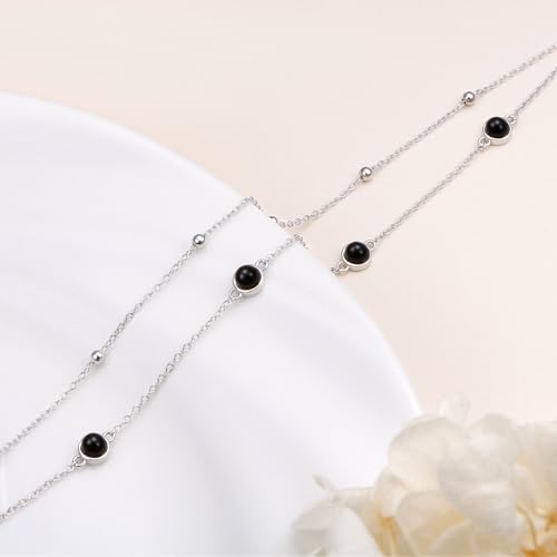 Flyow Anklet for Women S925 Sterling Silver Adjustable Foot Beaded Heart Charm Ankle Bracelet Anklets Jewelry - style: Black Onyx