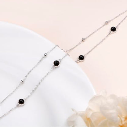Flyow Anklet for Women S925 Sterling Silver Adjustable Foot Beaded Heart Charm Ankle Bracelet Anklets Jewelry - style: Black Onyx