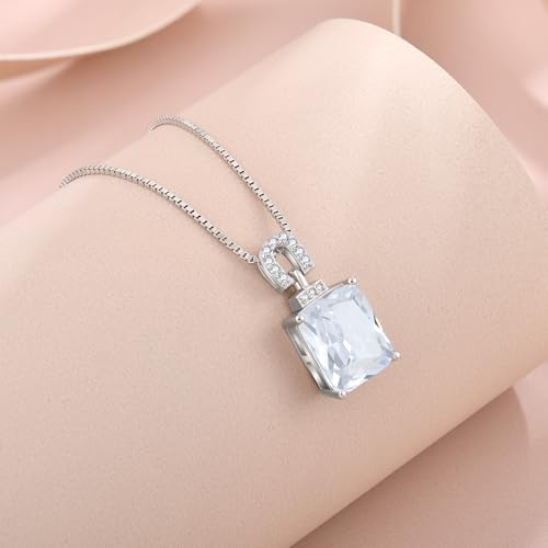 Emerald Cut Birthstone Necklace for Women 925 Sterling Silver | Baguette Birthstone Pendant Necklace, Jewelry for Mom Wife - color: White