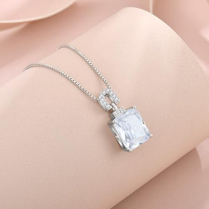 Emerald Cut Birthstone Necklace for Women 925 Sterling Silver | Baguette Birthstone Pendant Necklace, Jewelry for Mom Wife - color: White