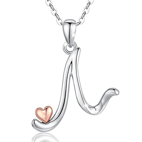 CELESTIA 925 Sterling Silver Initial Necklaces 26 Letter with Rose Gold Heart - 18 Inch Chain - color: N-Initial