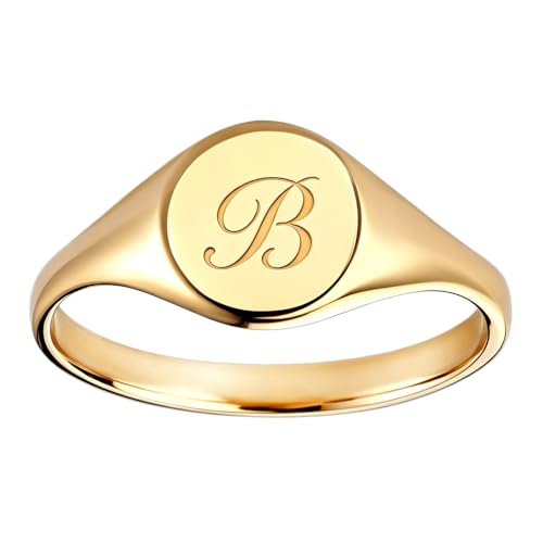 Custom Engraved Initial Signet Ring 18K Gold Plated Dainty Monogram Ring Personalized Letter Pinky Statement Rings - color: Gold