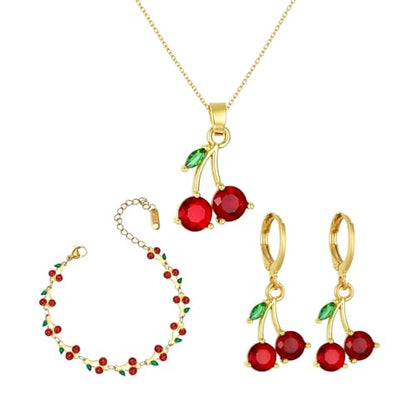 MALOYANVE Red Cherry Jewelry Set for Women 18K Gold Plated Sweet Fruit Dainty Cubic Zirconia Cherry Earring Necklace and Bracelet Summer Tropical Charm Accessories - color: Gold