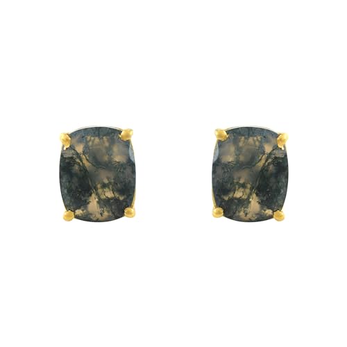 Women's 18K Gold Plated 8x10mm Princess Cut Gemstone Stud Earrings – Birthstone Jewelry for Her – Classic Cushion Studs - color: Moss Agate