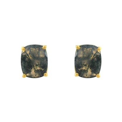 Women's 18K Gold Plated 8x10mm Princess Cut Gemstone Stud Earrings – Birthstone Jewelry for Her – Classic Cushion Studs - color: Moss Agate