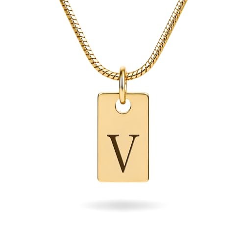 Initial Necklace in 18K Gold Plated, Personalized Engraved Letter Pendant, Gold Snake Chain, 6×10 mm Rectangle Charm for Women - color: V