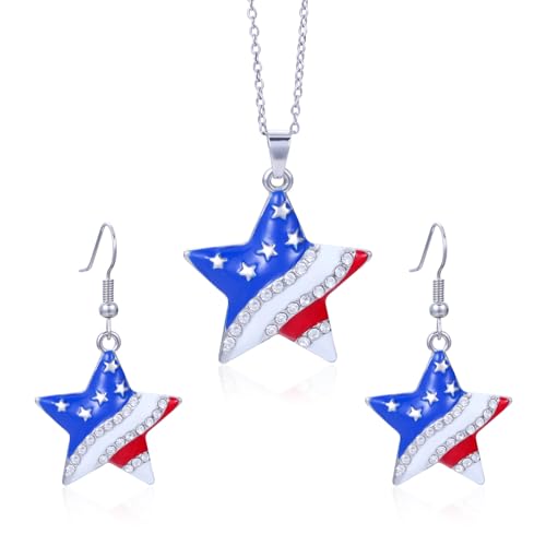 HUJUON American Flag Pendant Necklace Earring Set for Women 4th Of July Butterfly Drop Dangle Hook Earring Independence Day Usa Patriotic Choker Jewelry Gift - color: Star Silver