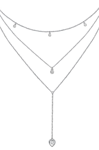 Sterling Silver Dainty Bead Layered Long Lariat Choker Necklaces for Women Boho - style: Heart Layered Necklace