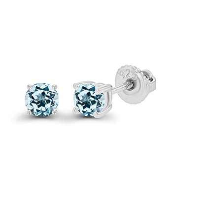 14K Gold Plated 925 Sterling Silver Hypoallergenic 4mm Round Genuine Birthstone Solitaire Screwback Stud Earrings - color: Blue Topaz-Sky Blue Topaz