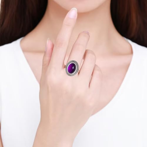 Natural Oval Stone Boho Ring,Retro Antique S925 Sterling Silver Crystal Quartz Gemstone Bohemian Statement Handmade Ring Jewelry for Women Her - color: B02_Uruguay Amethyst