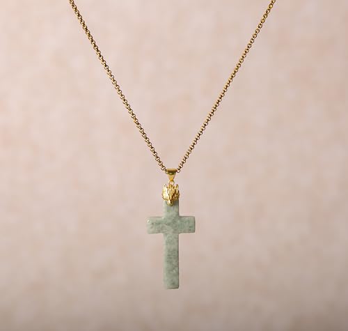 Jade Cross Pendant Necklace, Designed in California, Green Jade Stone with 18K Gold Plated Fox Bail, Religious Amulet Jewelry Gift for Men and Women