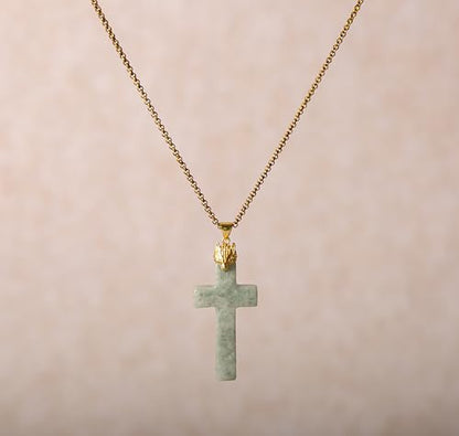 Jade Cross Pendant Necklace, Designed in California, Green Jade Stone with 18K Gold Plated Fox Bail, Religious Amulet Jewelry Gift for Men and Women