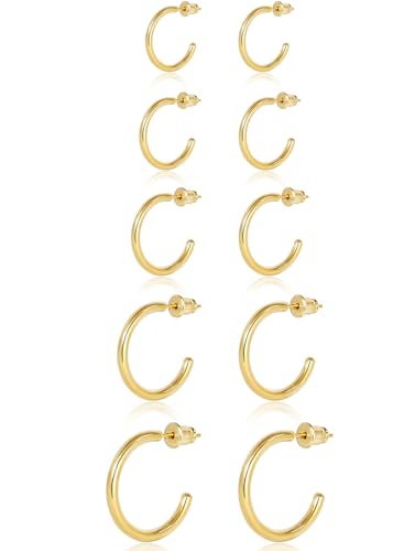 Minimalist Hoops for Women - 14K Gold Open Huggie Hoop Earrings, Hypoallergenic Tiny Hoops in Gold and Silver (Set of 1-5 Pairs) - color: 14K Gold - 6mm/8mm/10mm/15mm/20mm