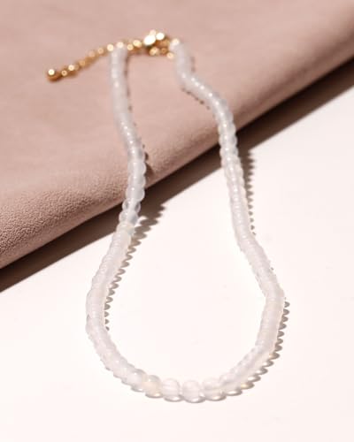 Simple 4mm Gemstones and Crystals Choker Necklace Unisex 16"-18" | Necklaces for Women Men, Adjustable, 40-45 cm Chain Length, Handmade, Spiritual Gemstones, Positive Energy, Daily Wear - style: White Agate