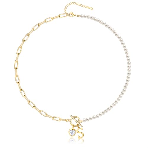 Initial Pearl Necklace for Women, 14K Gold Plated Paperclip Chain | Toggle Clasp, Heart CZ Initial Necklace,Gold Necklace for Women,Bridesmaid Wedding Gifts Jewelry - color: Gold-S
